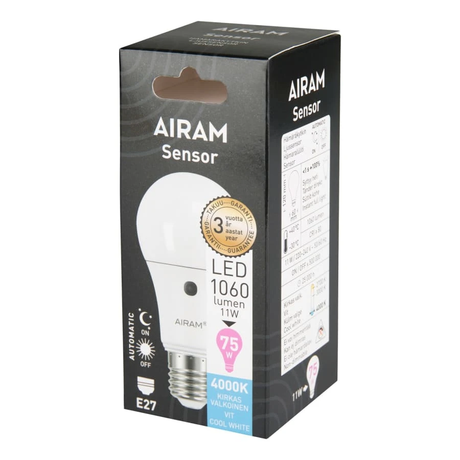 Airam Sensor E27 10,7W 4000K 1060lm Led Vakiolamppu Hämäräkytkimellä 3 Airam Sensor E27 10,7W 4000K 1060lm Led Vakiolamppu Hämäräkytkimellä