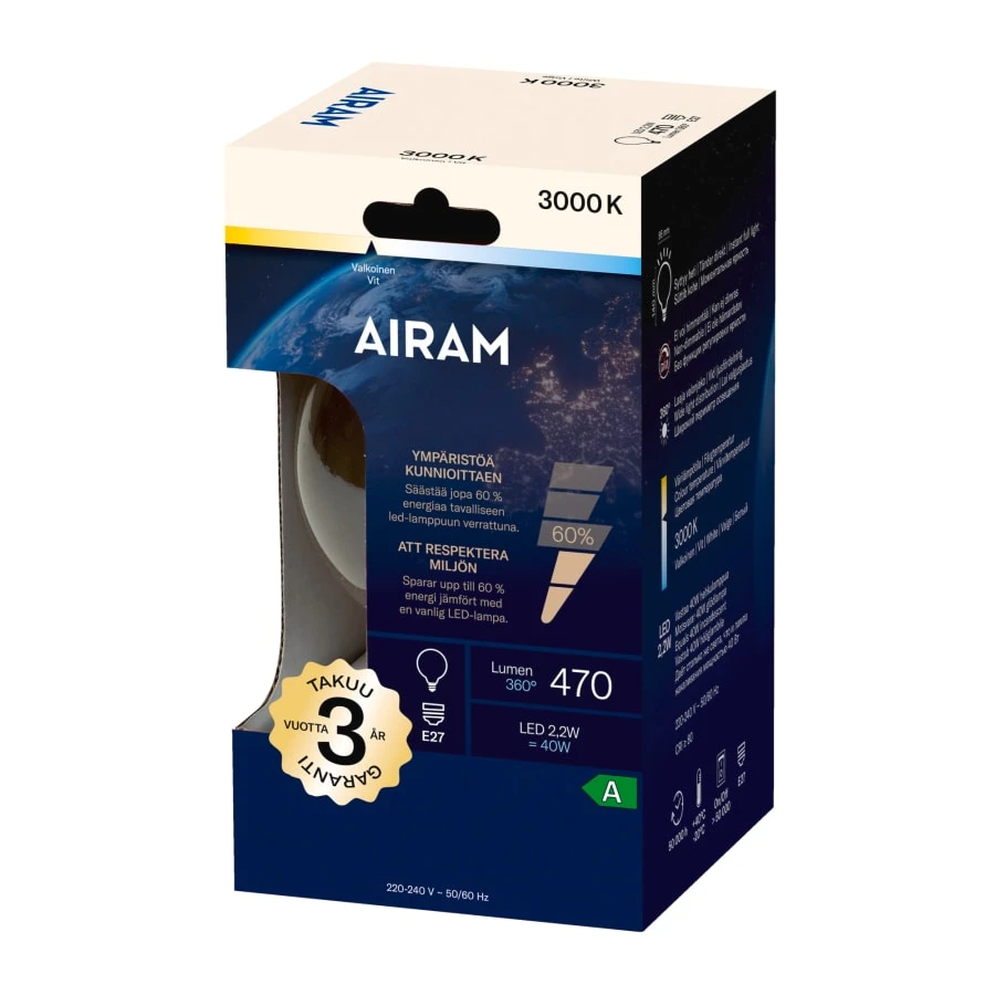 Airam A Globe-95 E27 2,2W 3000K 470lm Kirkas Led Lamppu 4 Airam A Globe-95 E27 2,2W 3000K 470lm Kirkas Led Lamppu - Image 2